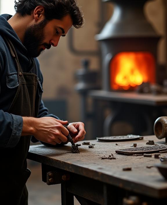 Un artigiano di Radice di Rame mentre lavora il metallo nel suo laboratorio a Firenze.