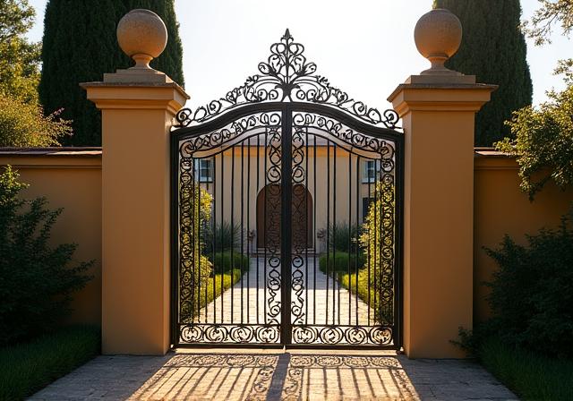 Cancello artistico in ferro battuto per l'ingresso di una villa toscana.