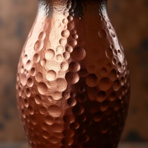 Dettaglio ravvicinato della texture martellata di un vaso in rame.