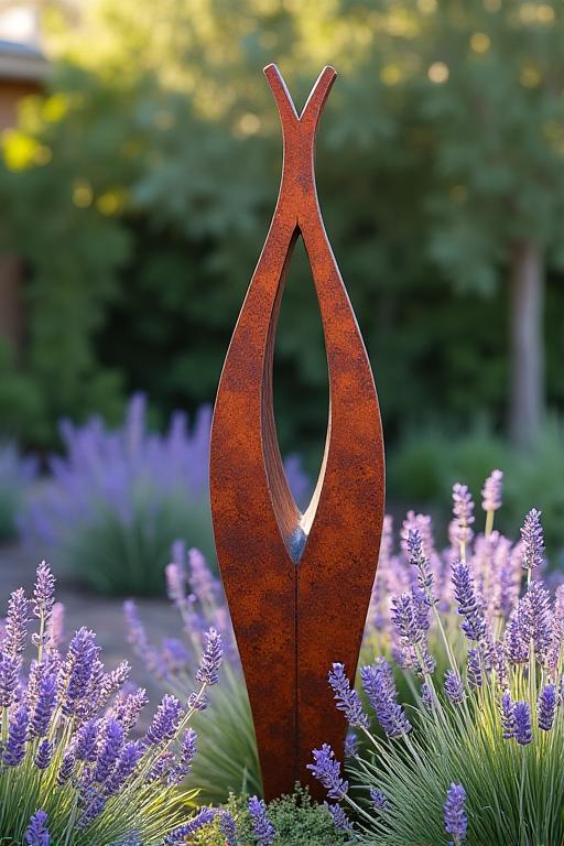 Scultura in metallo con finitura ruggine in un giardino privato con lavanda.
