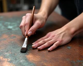 Mani di un artigiano che applicano una patina su una superficie di rame.